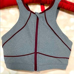 Mondetta high neck sports bra - gray with maroon piping - size small